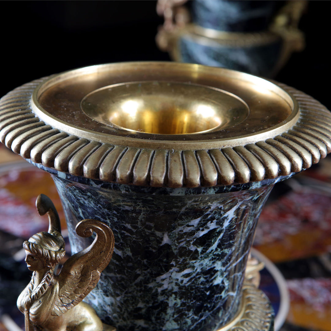 Pair of classical green marble and ormolu urns with Egyptian sphinxes from Collection CK20 circa 1880 Italy