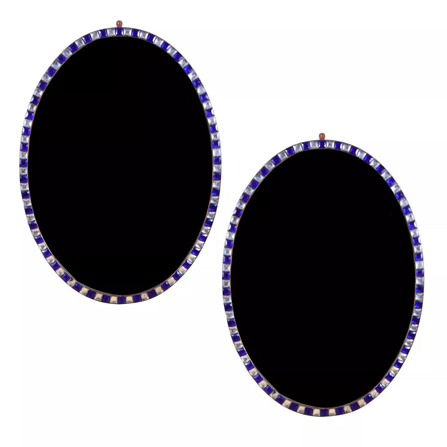 Pair of Irish Oval Lozenge Mirrors with blue and clear lozenge frames, measuring 103 cm height and 75 cm width each.
