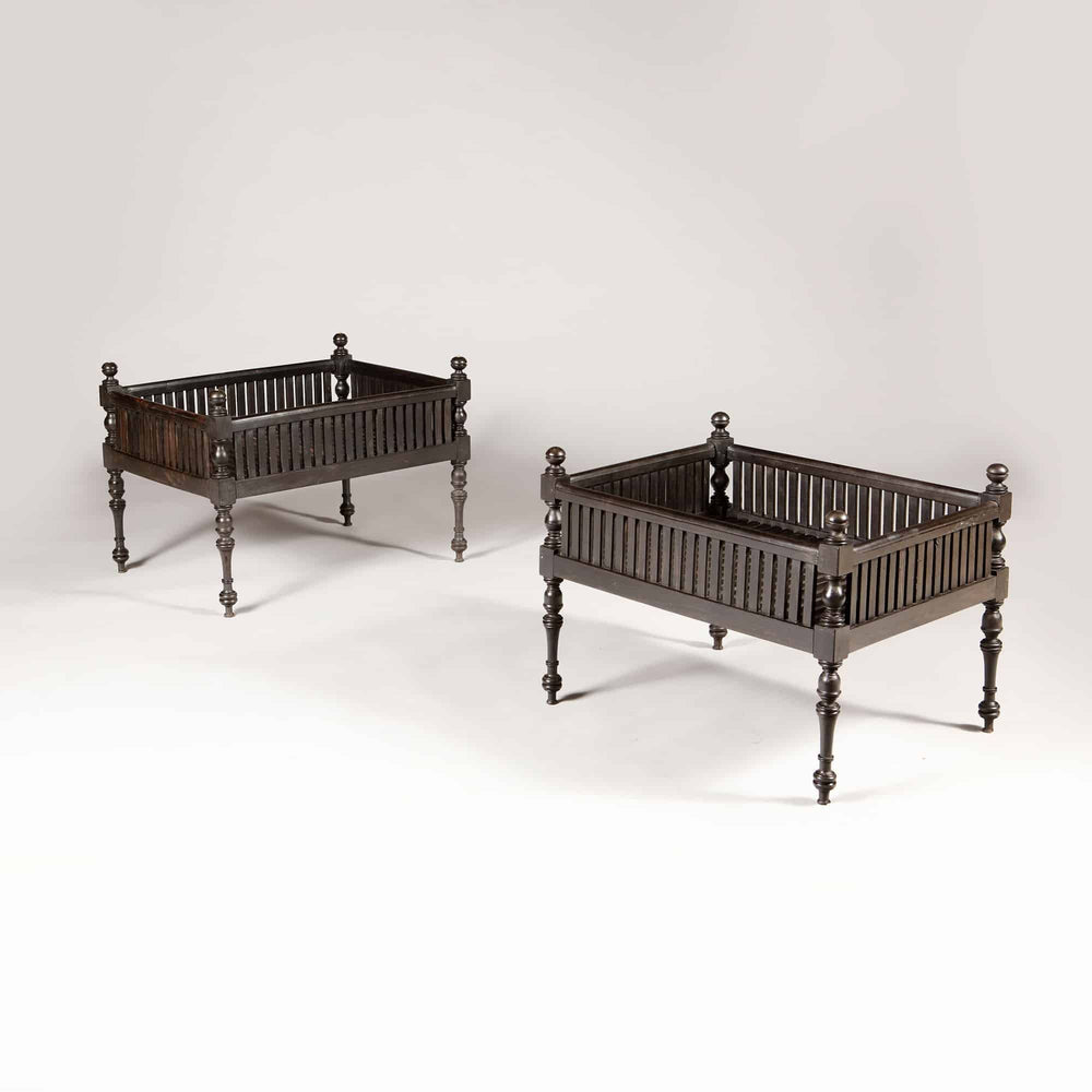Pair of solid ebony Anglo Indian dog beds with turned legs and slat sides by Collection EE20 circa 1850