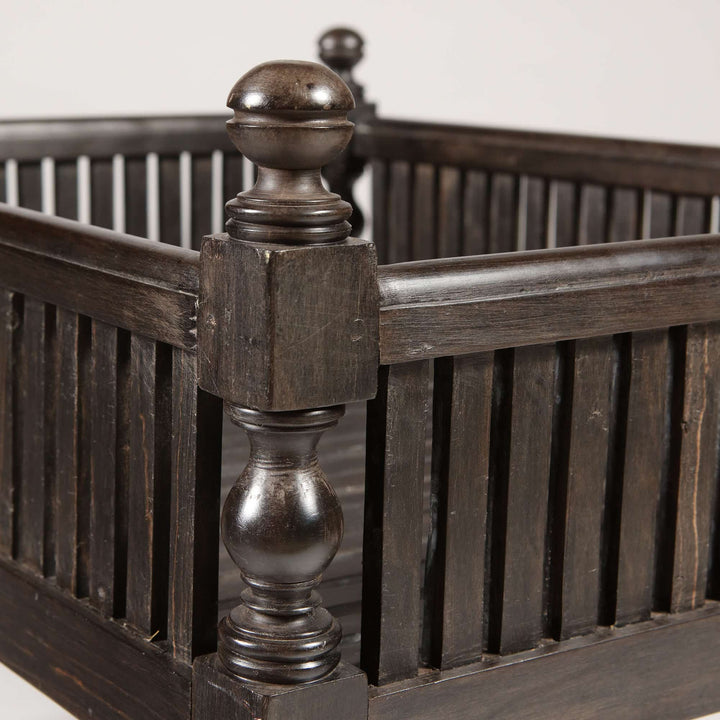 Close up of solid ebony turned wood corner post on Anglo Indian dog bed by Collection EE20