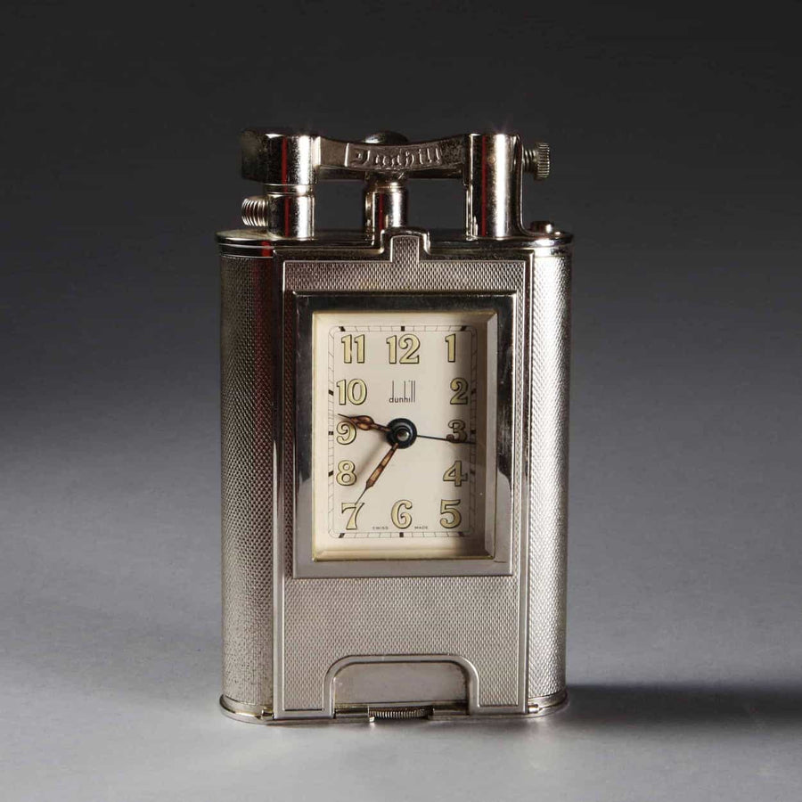 Limited edition Dunhill Charleston table lighter with clock, engine turning, rare collectible from The Sold Archive