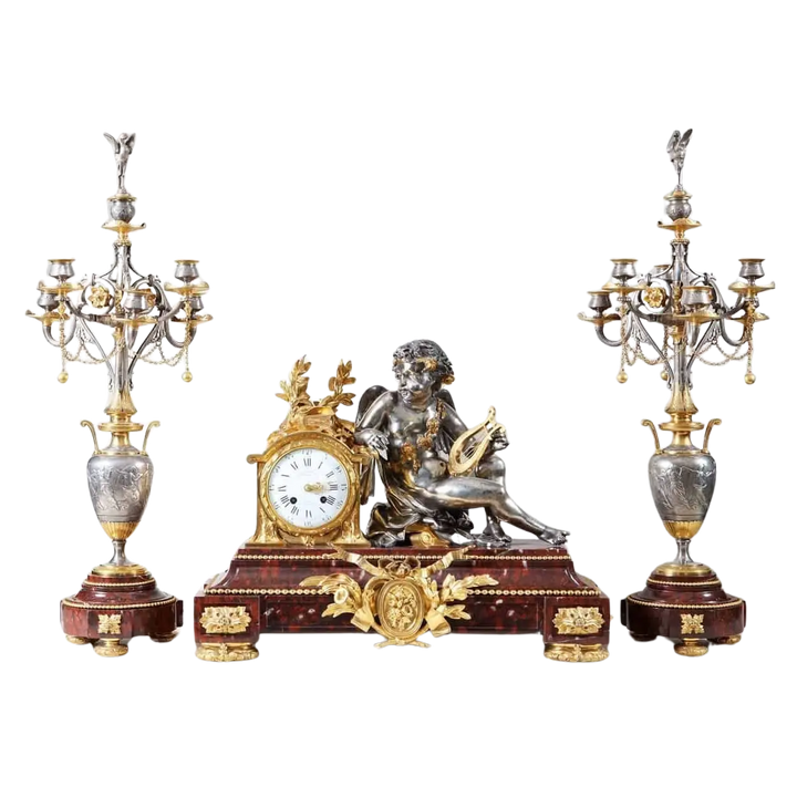 Rouge Griotte marble and gilt bronze French clock garniture by Charpentier & Cie, offered by Nwtiques