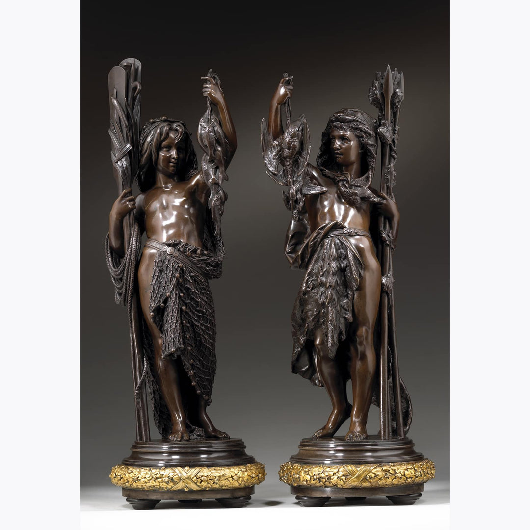 Pair of bronze Carrier-Belleuse sculptures depicting allegories of hunting and fishing by Nwtiques.