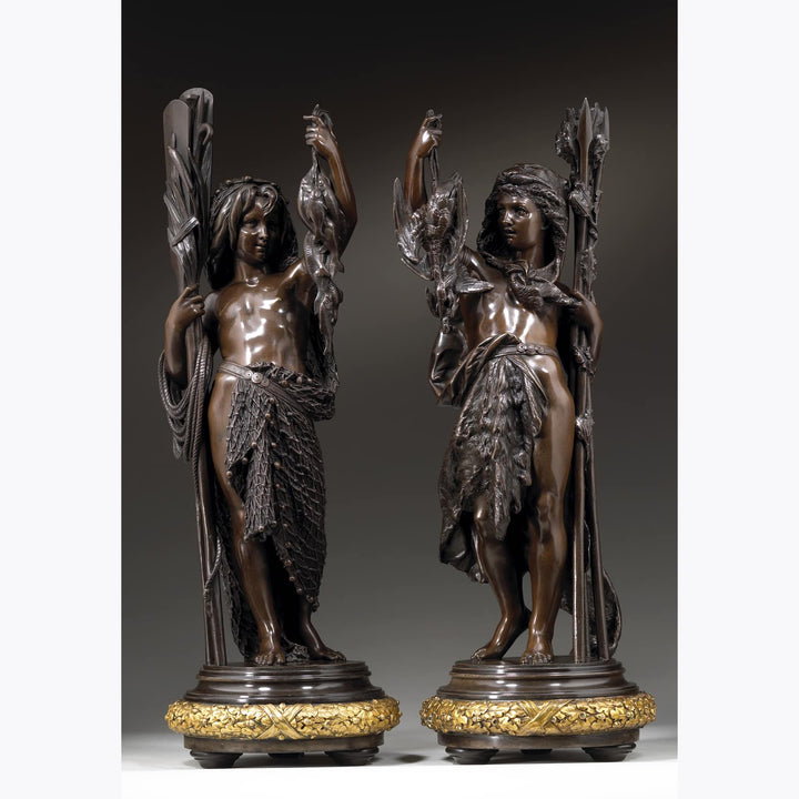 Pair of bronze Carrier-Belleuse sculptures depicting allegories of hunting and fishing by Nwtiques.