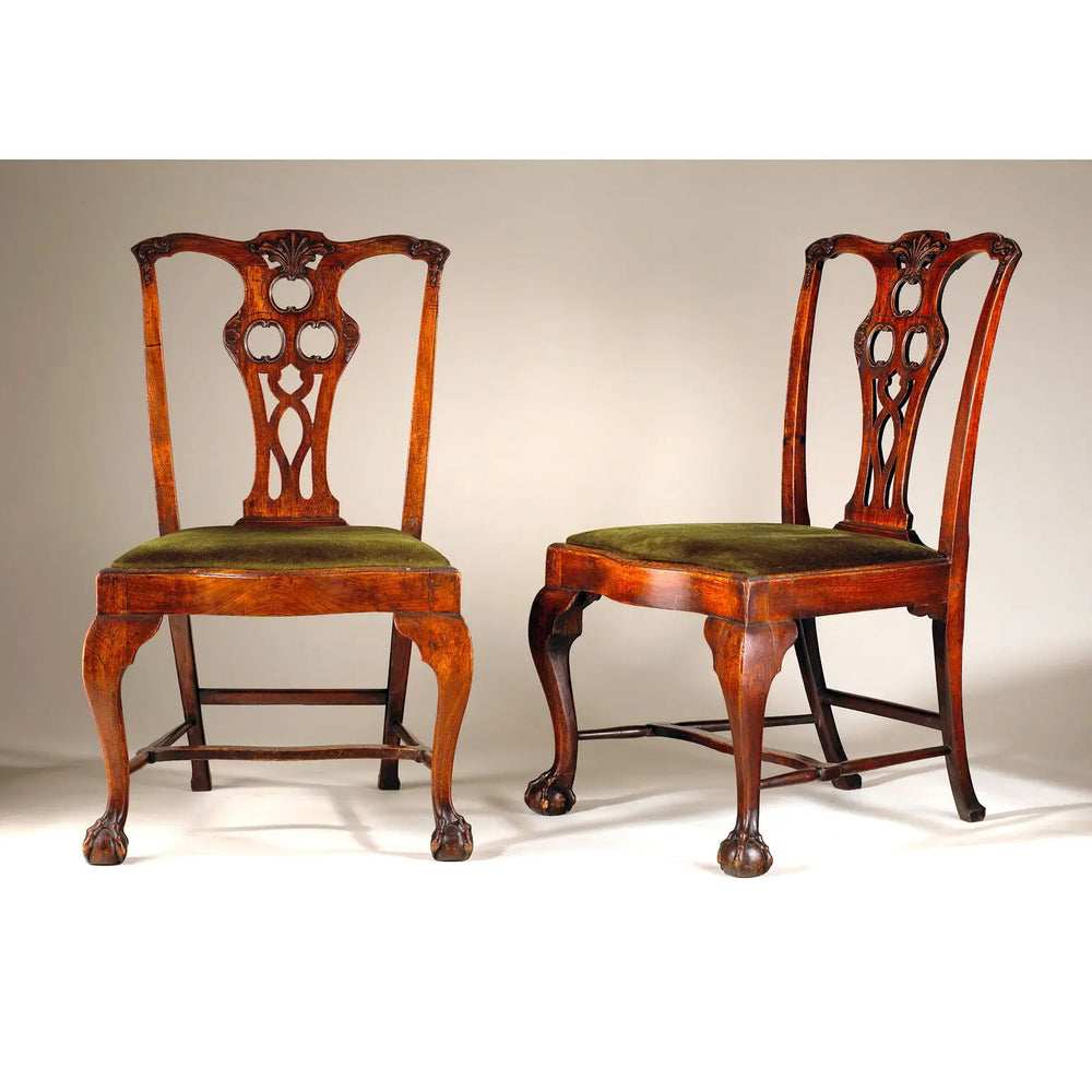 Pair of mid 18th century Philadelphia side chairs with green upholstery by Nwtiques