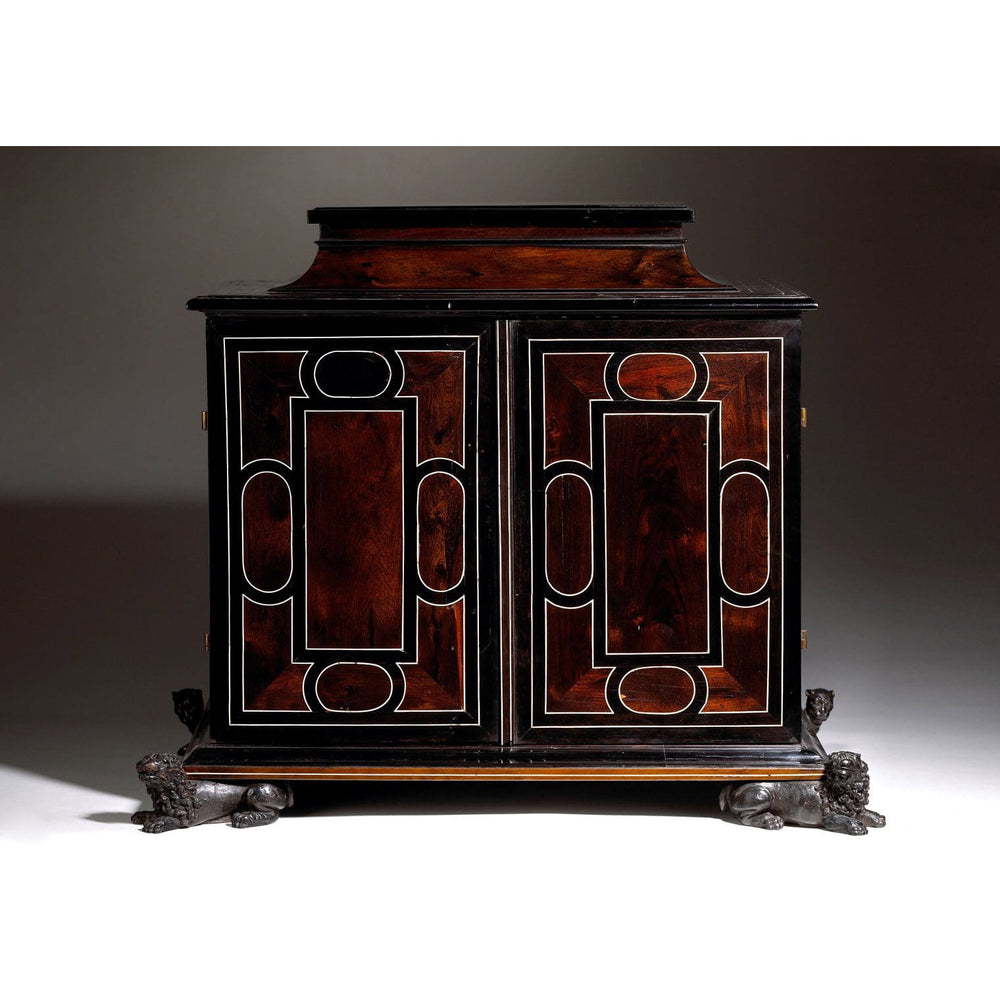 17th century Italian Baroque ebony cabinet by Nicholas Wells Antiques with geometric tortoiseshell inlay and lion claw feet