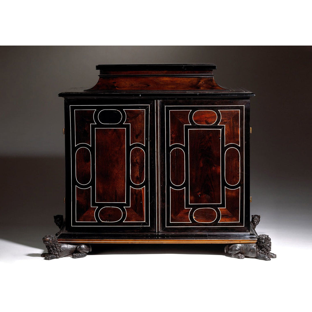17th century Italian Baroque ebony cabinet by Nicholas Wells Antiques with geometric tortoiseshell inlay and lion claw feet