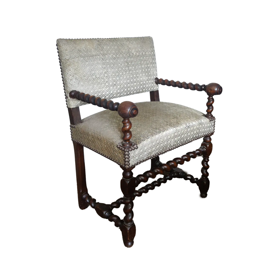 17th Century Barley Twist Walnut Armchair by Nicholas Wells Antiques with luxurious velvet upholstery and carved wooden frame