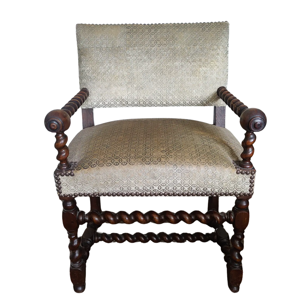 17th Century barley twist walnut armchair with velvet upholstery by Nicholas Wells Antiques in Louis XIII style