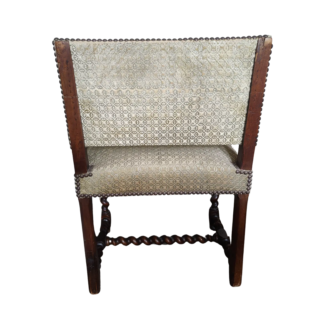 17th century Louis XIII style walnut armchair with barley twist legs and velvet upholstery by Nicholas Wells Antiques