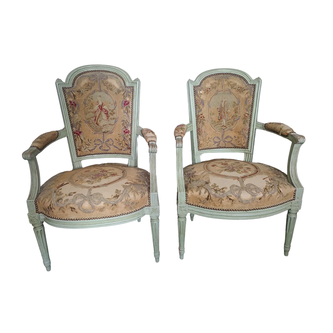 Pair of late 18th century Louis XVI painted fauteuils with needlework seats by Nwtiques