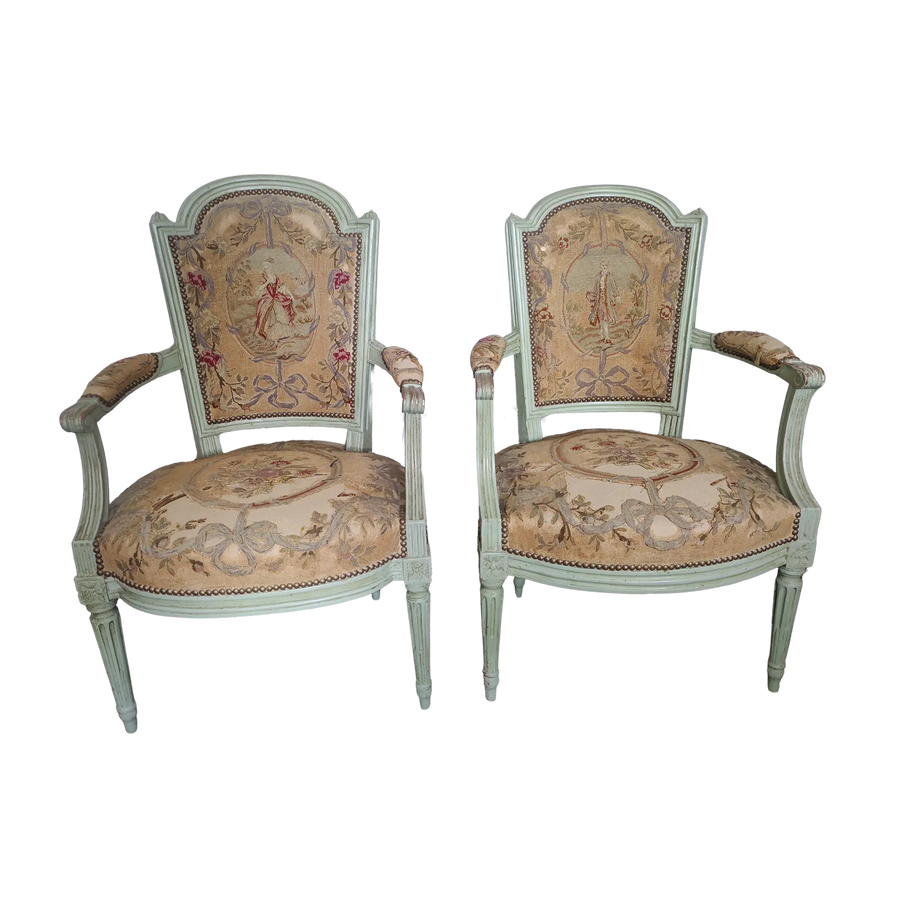 Pair of late 18th century Louis XVI painted fauteuils with needlework seats by Nwtiques