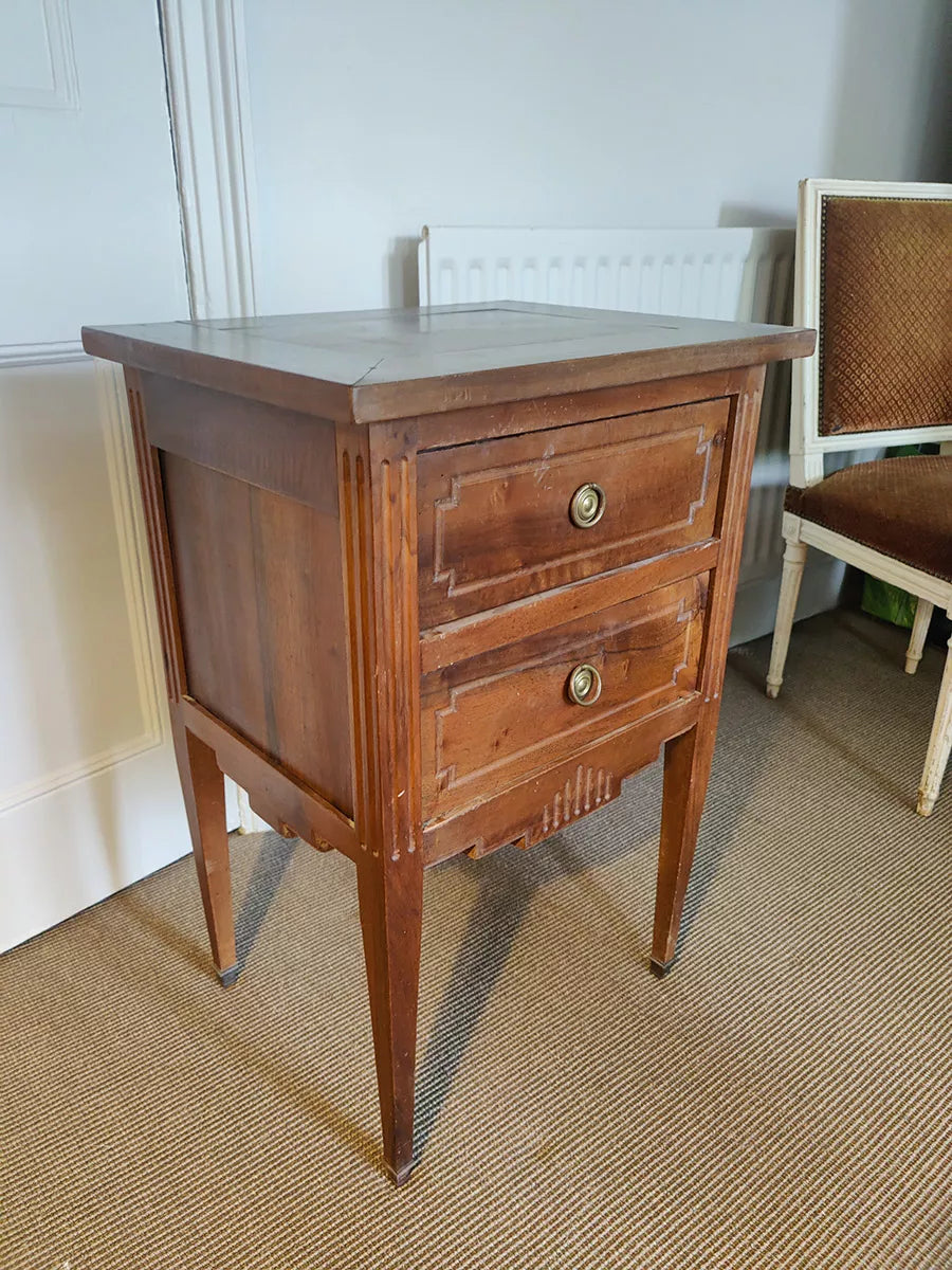 Single walnut side cabinet with two drawers and brass ring handles by Nwtiques circa 1880