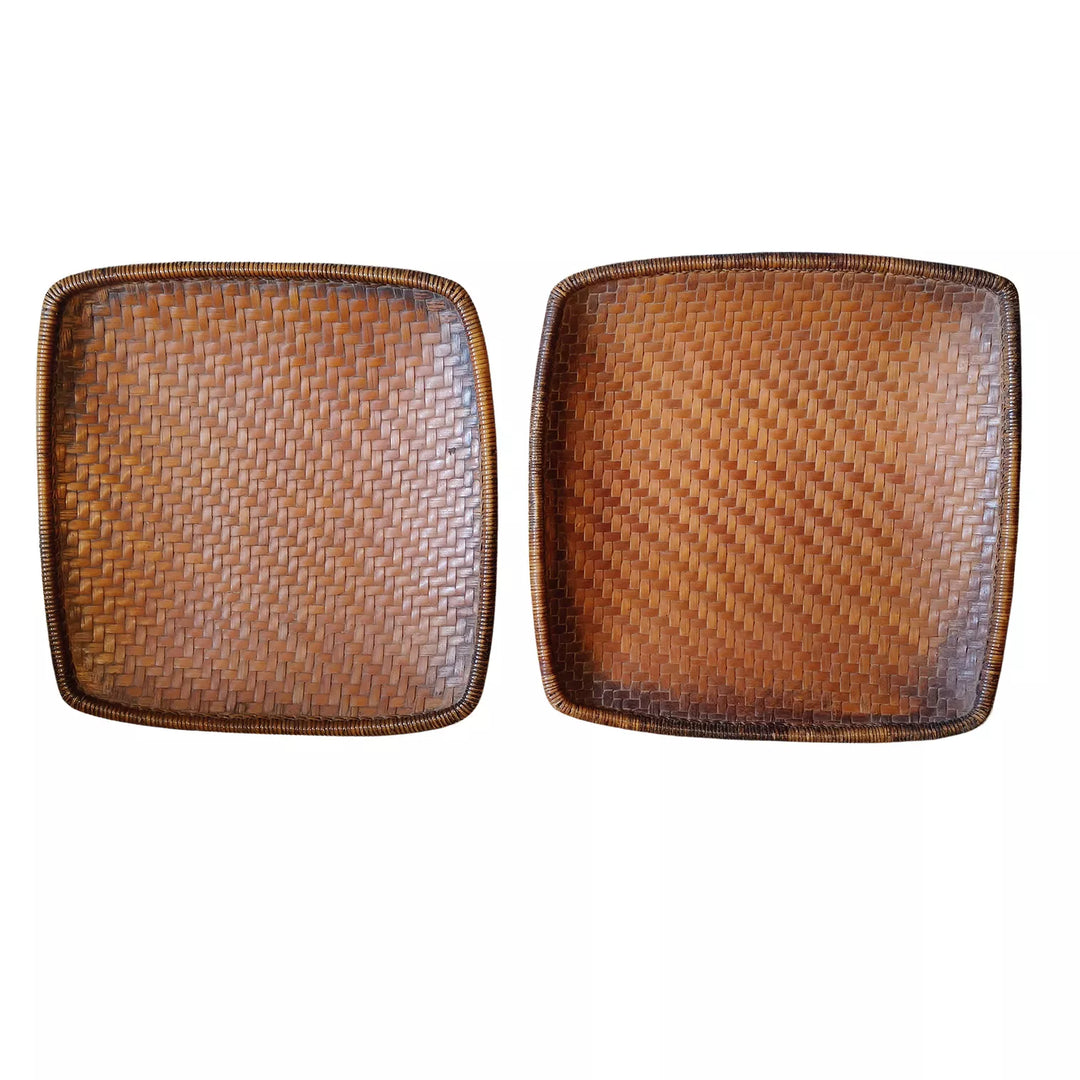 Pair of vintage square woven rattan rice winnowing baskets with rich patina from Nwtiques