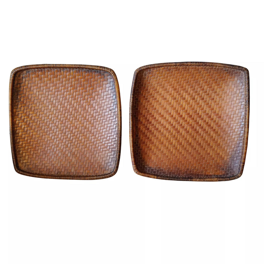 Pair of vintage square woven rattan rice winnowing baskets with rich patina from Nwtiques