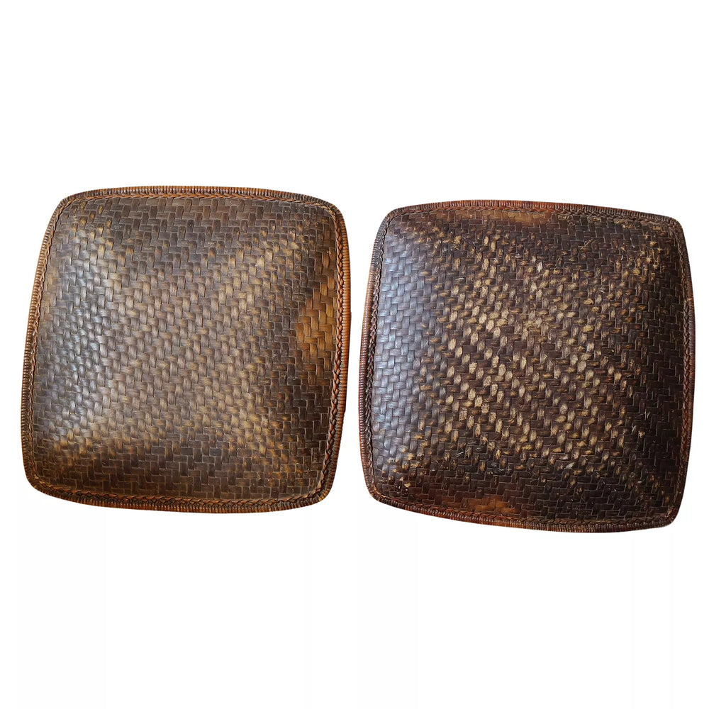 Pair of vintage square woven rattan rice winnowing baskets with rich patina from Nwtiques