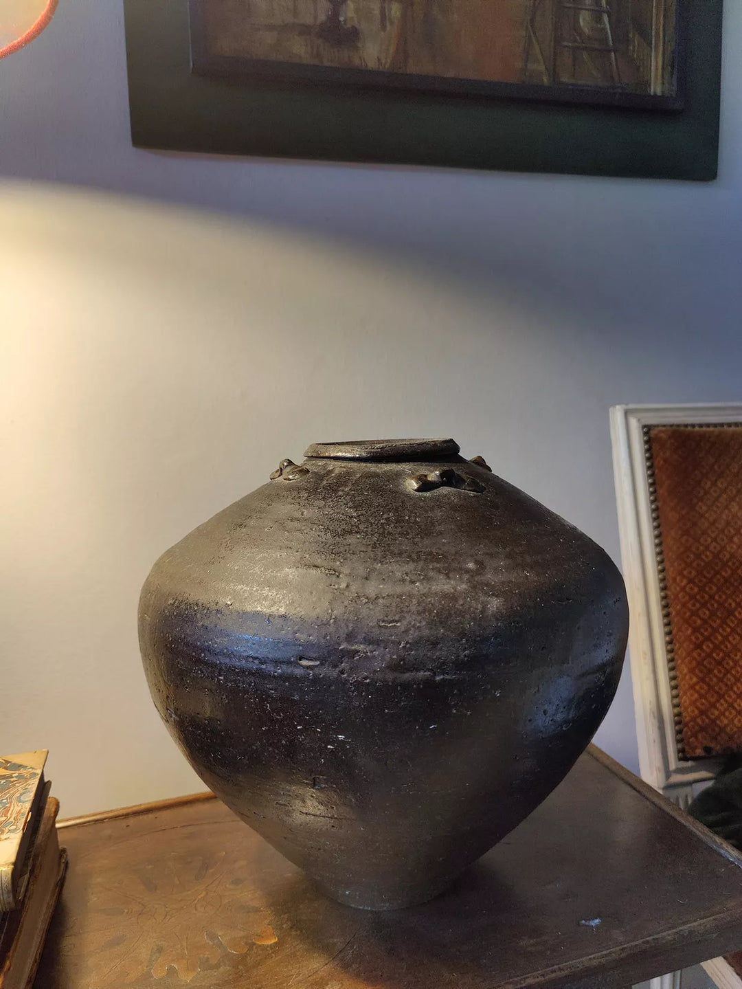 17th century South China Sea glazed ceramic jar with pierced handles, antique storage piece by Nwtiques