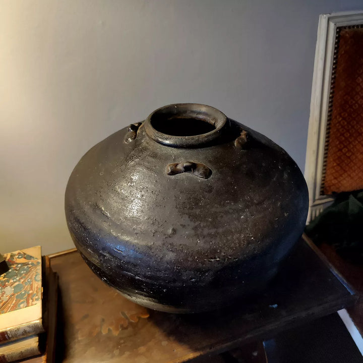 17th century South China Sea dark glazed ceramic storage jar with pierced handles by Nwtiques