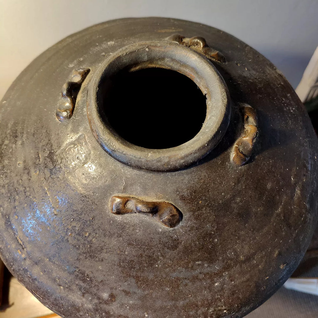 17th century South China Sea dark glazed ceramic storage jar by Nwtiques with pierced neck handles
