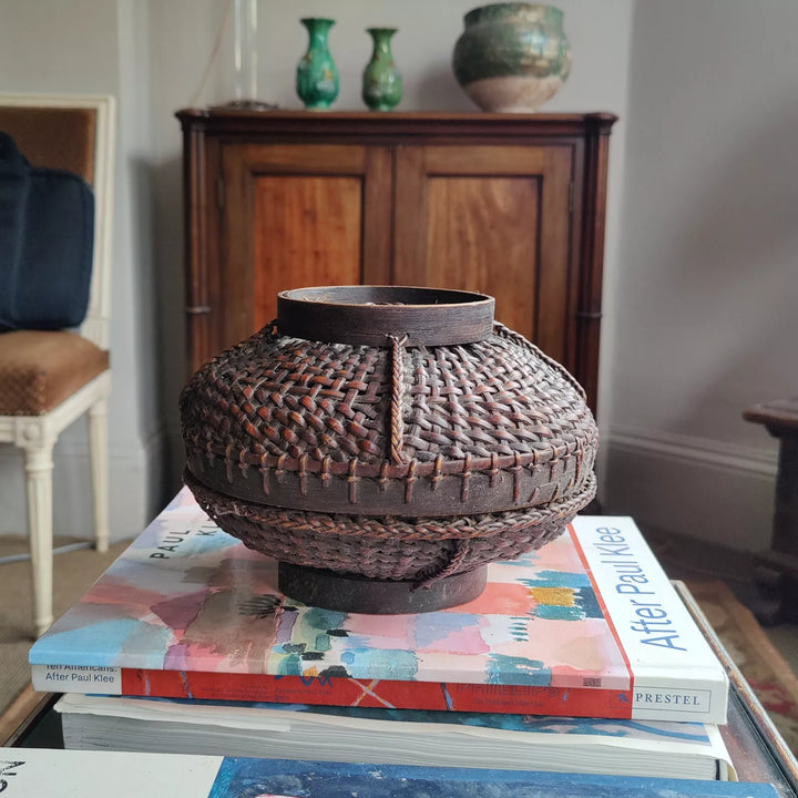 Antique woven bamboo rattan box by Nicholas Wells Antiques featuring a tribal design from Ifugao Philippines