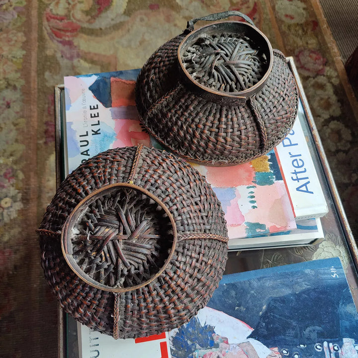 Ifugao Philippine bamboo rattan box with lid featuring woven tribal design by Nicholas Wells Antiques