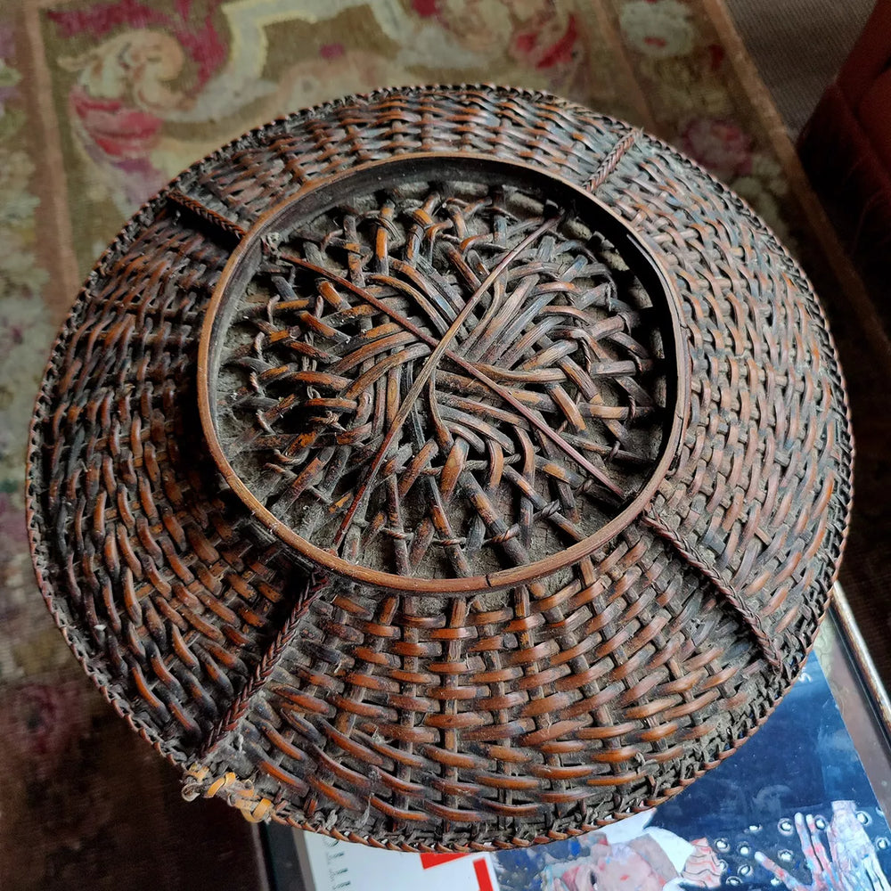 Antique Ifugao bamboo rattan box with intricate weaving by Nwtiques, circa 1900 from the Philippines