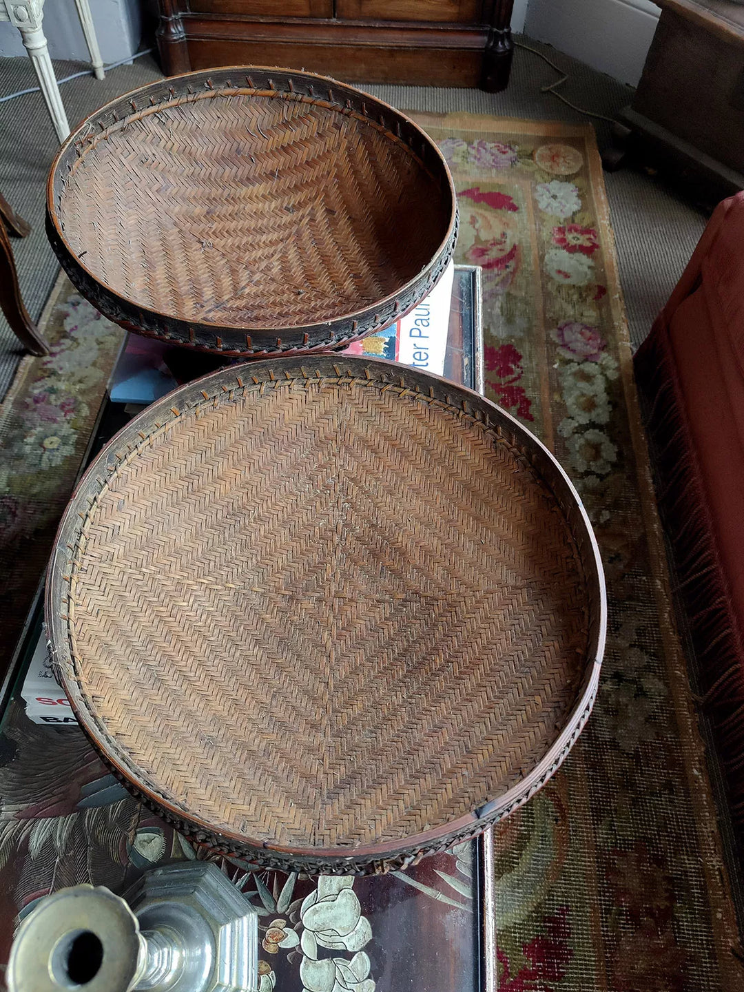 Two round woven bamboo rattan bowls from Ifugao Philippines by Nwtiques for storage or display