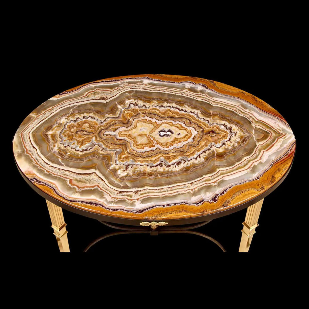 Bronze Oval Centre Table with polished bookmatched Alabastro Fiorito top and gilt patinated bronze base, Art Deco style.