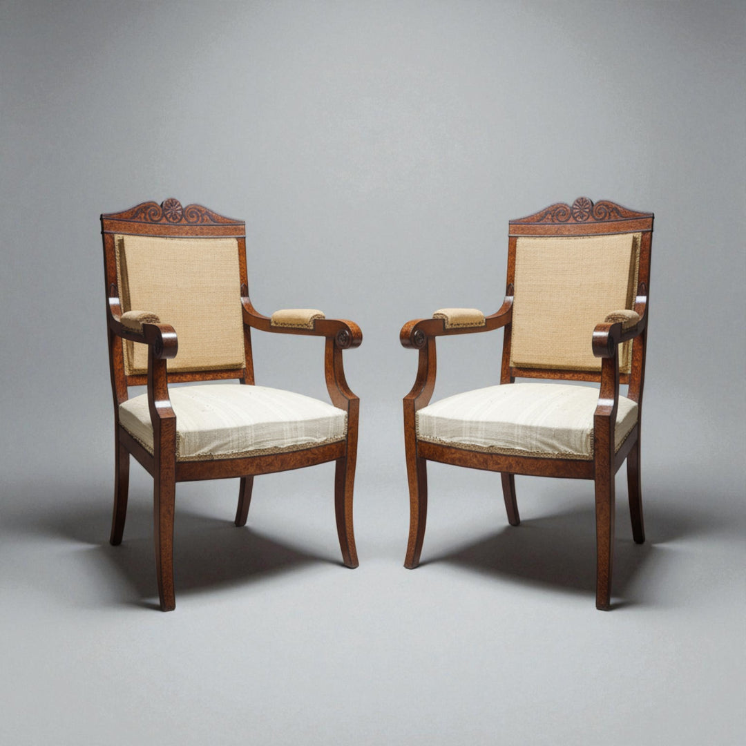 Pair of Baltic Biedermeier armchairs with wooden frames and beige upholstery from Collection CK40 against a plain background