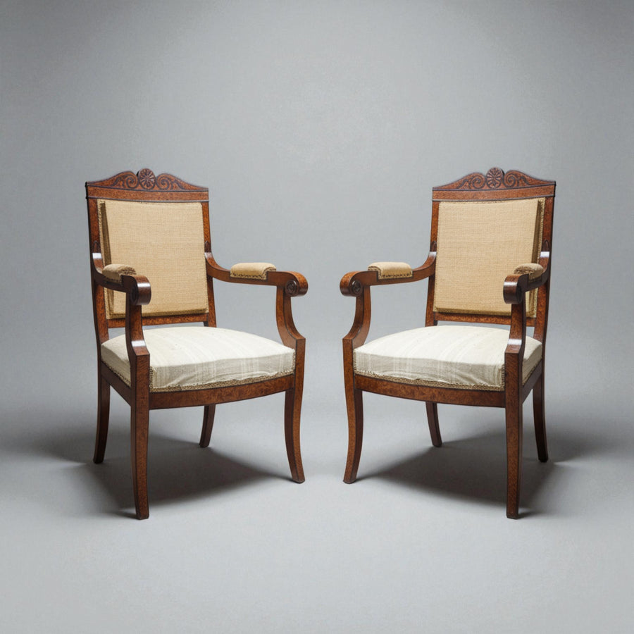 Pair of Baltic Biedermeier armchairs with wooden frames and beige upholstery from Collection CK40 against a plain background
