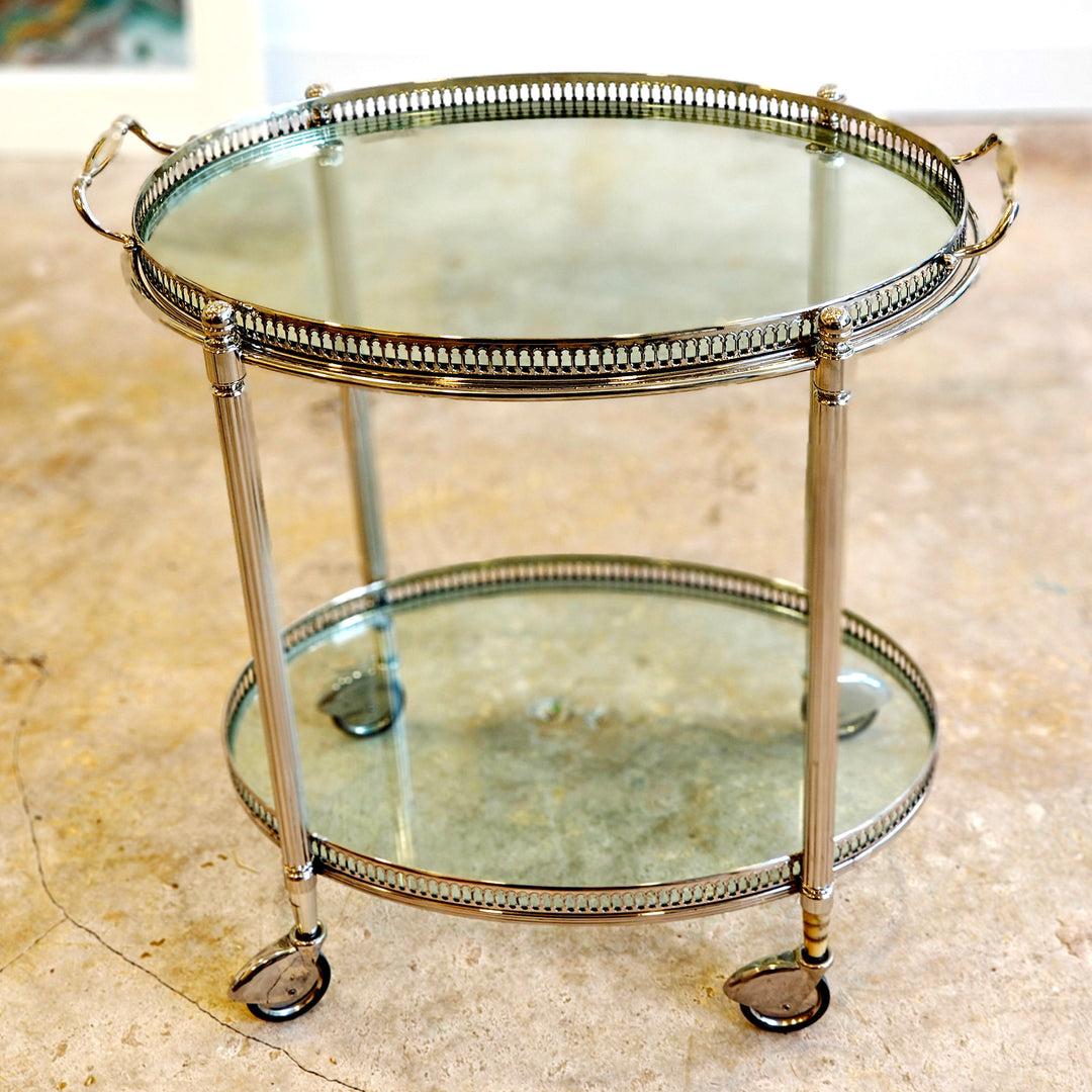 Vintage Maison Jansen drinks trolley with silvered brass frame and glass shelves by Nwtiques