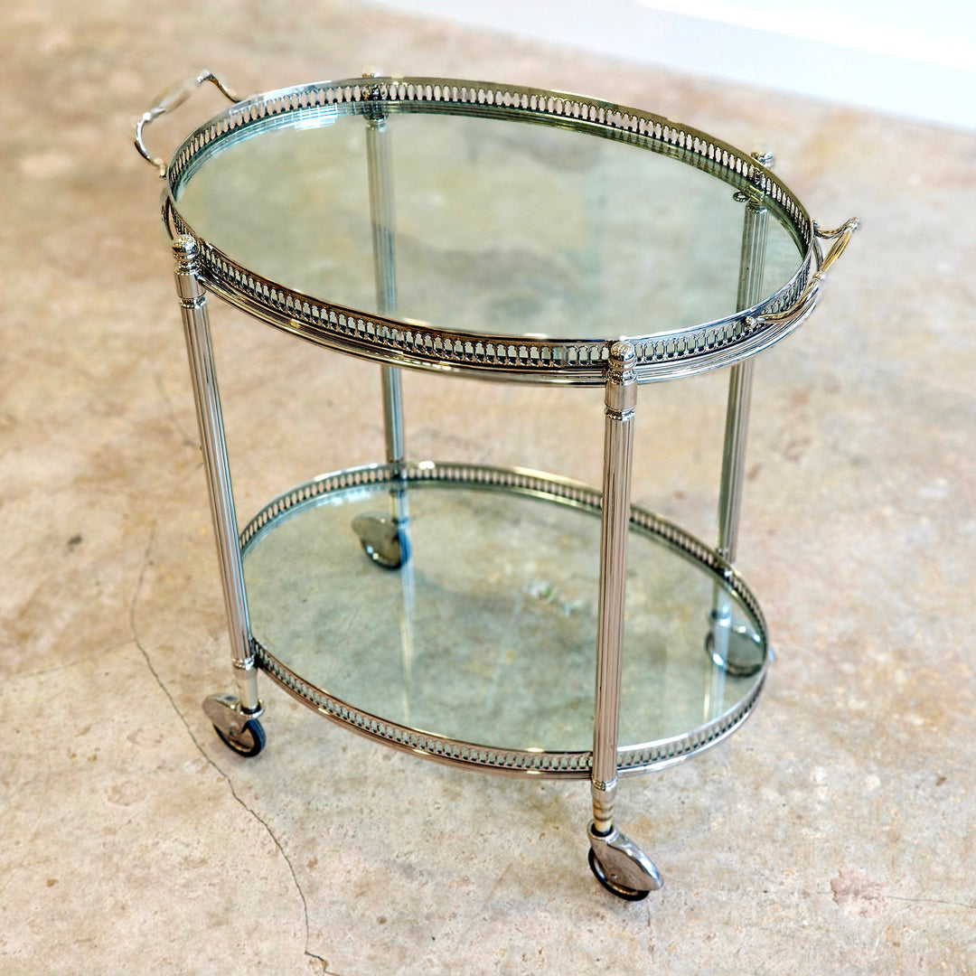 Vintage Maison Jansen silvered brass drinks trolley with glass shelves by Nwtiques