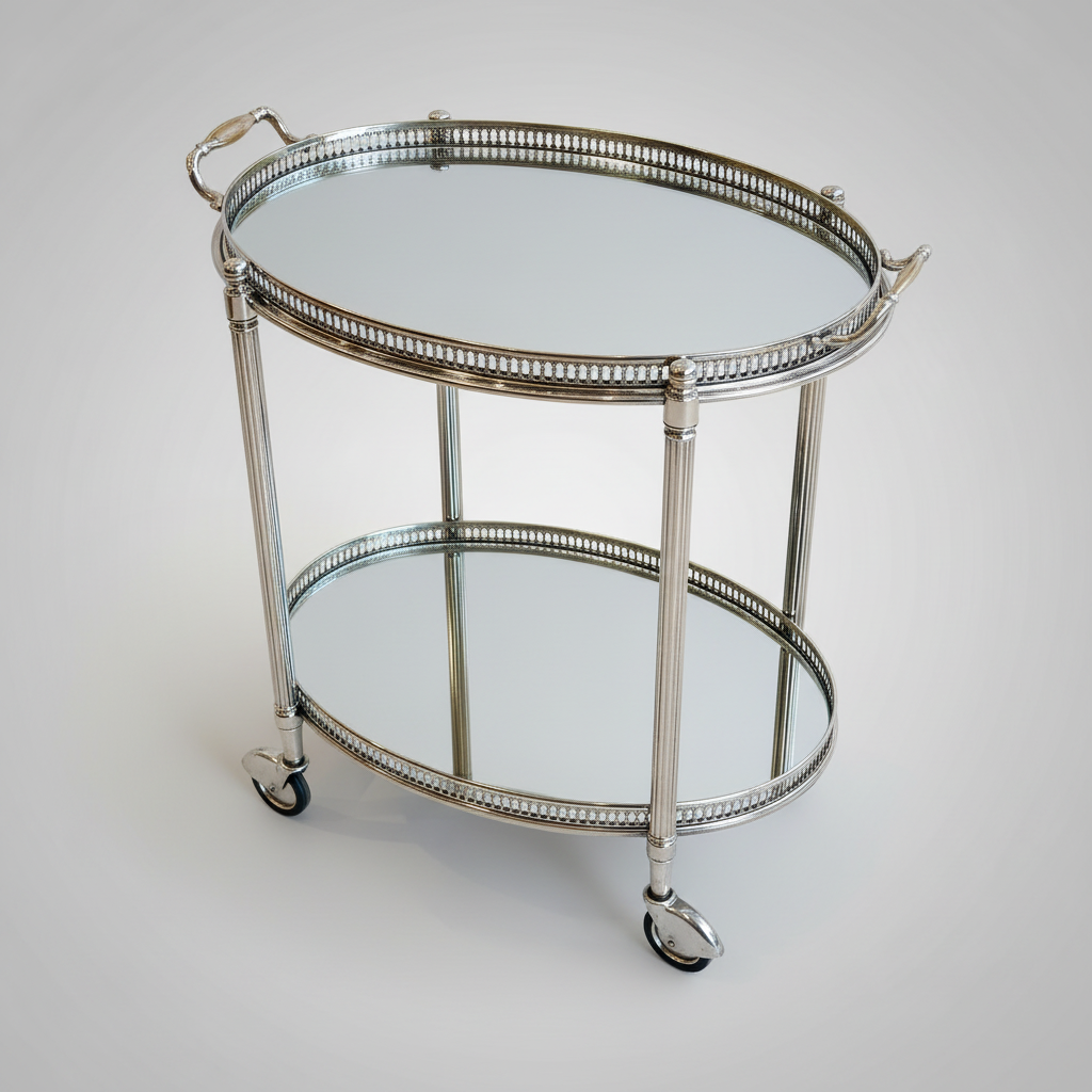Vintage Maison Jansen silvered brass drinks trolley on wheels from Nwtiques with mirrored shelves