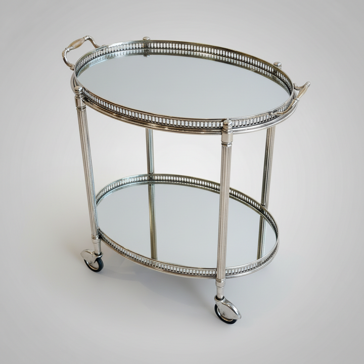 Vintage Maison Jansen silvered brass drinks trolley on wheels from Nwtiques with mirrored shelves