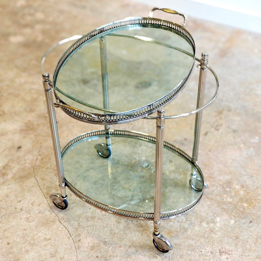 Vintage Maison Jansen silvered brass drinks trolley on wheels, mid-century modern style by Nwtiques