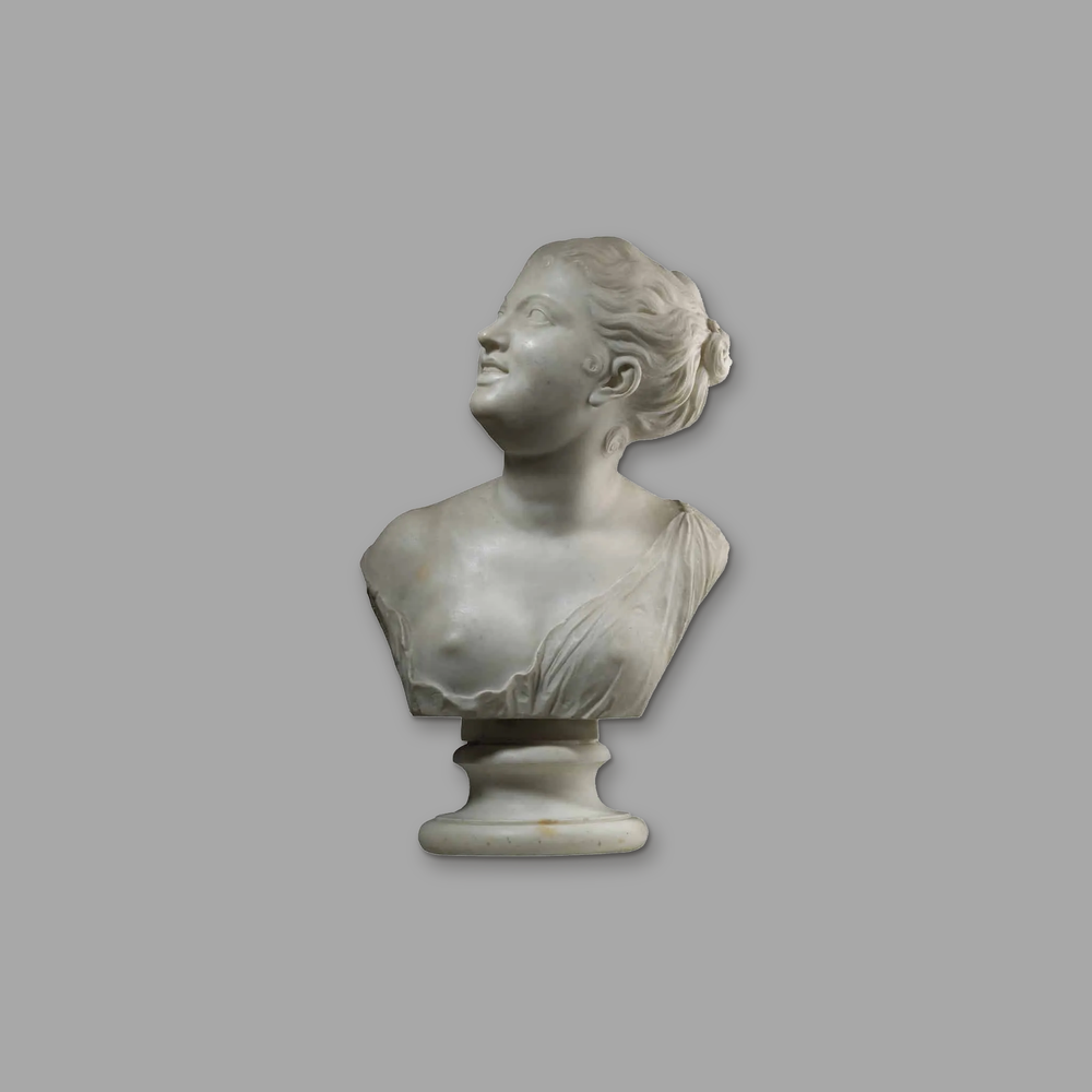 Italian 18th Century Marble Bust of a Girl, on a plain mid-grey background.