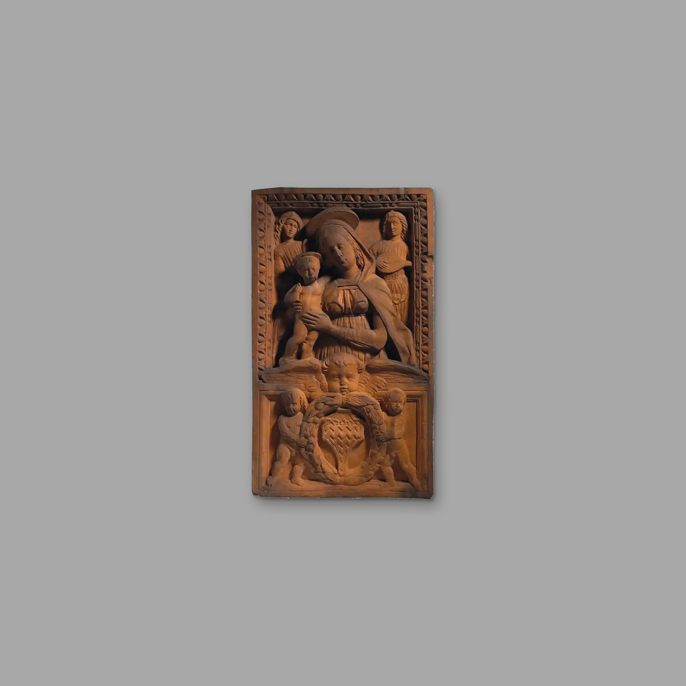 Italian Terracotta Relief Panel | Virgin and Child, on a plain mid-grey background.