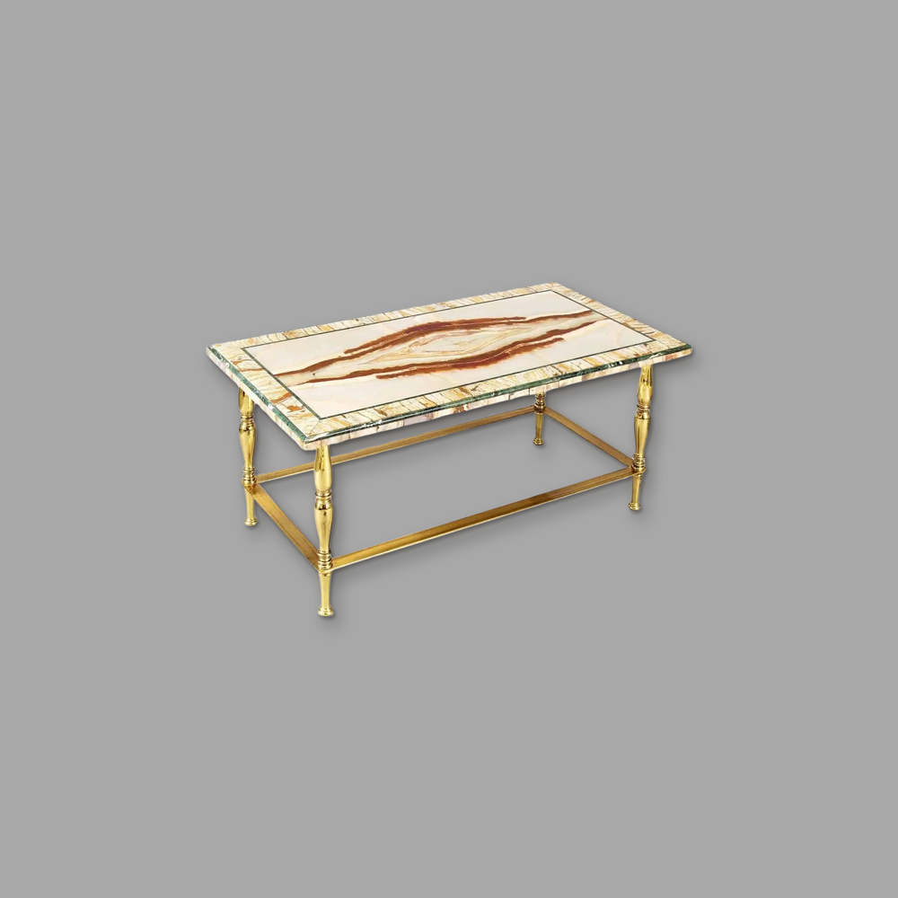 Mid Century Onyx, Verde Antico, Brass Coffee Table, on a plain mid-grey background.