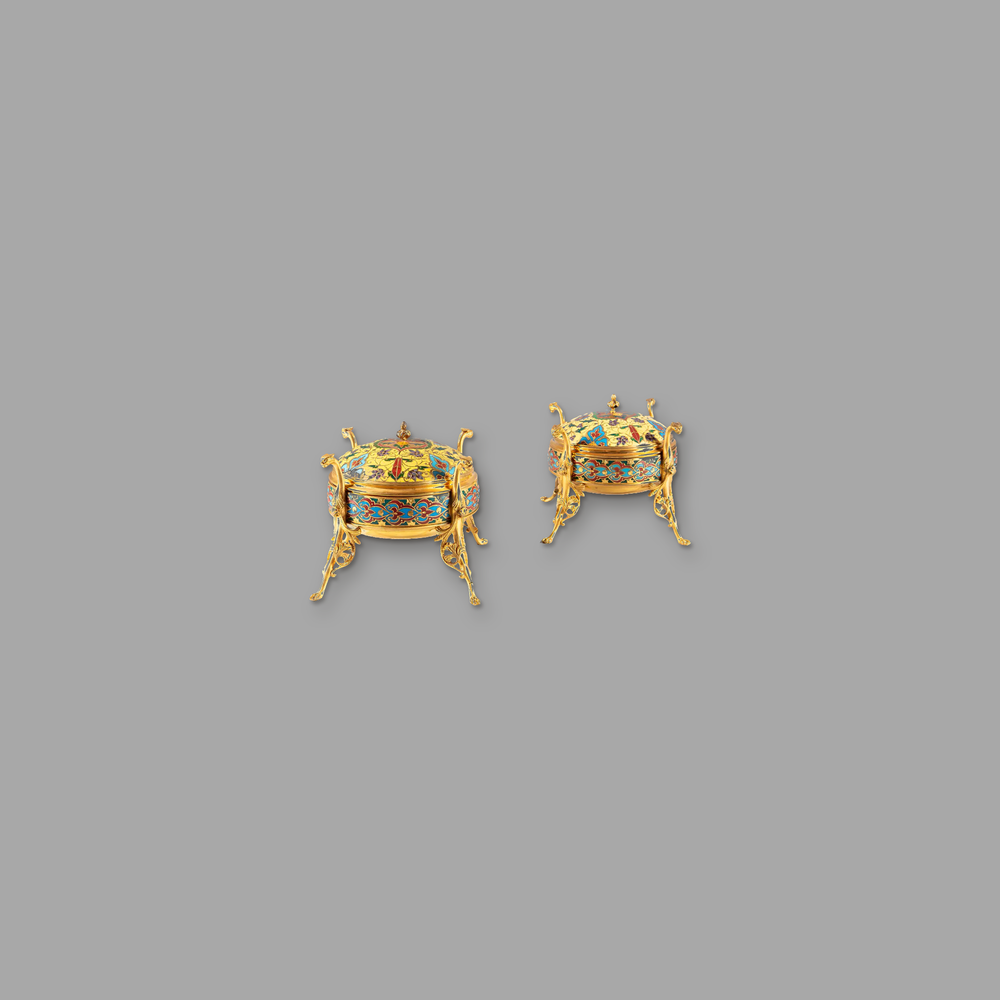 Enamel Drageoirs by F. Barbedienne | Pair, on a plain mid-grey background.