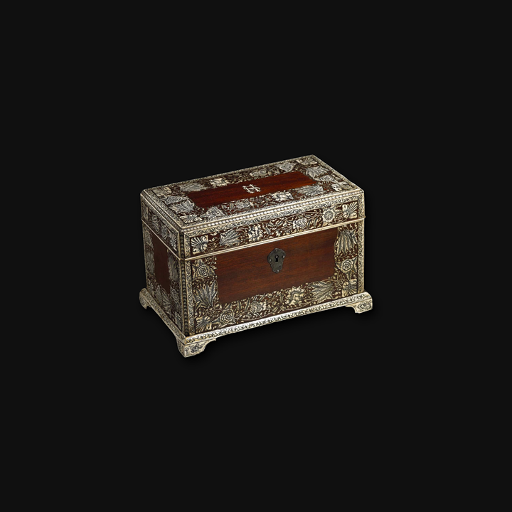 Anglo-Indian Tea Caddy, c. 1760, on a plain black background.