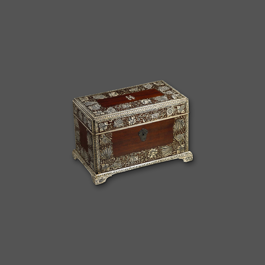 Anglo-Indian Tea Caddy, c. 1760, on a plain dark grey background.