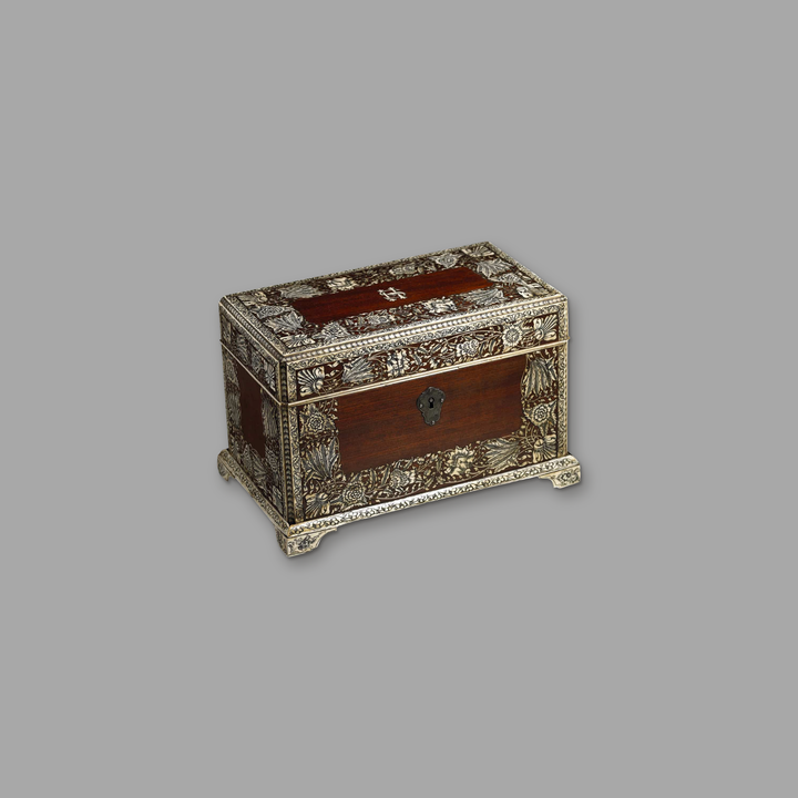 Anglo-Indian Tea Caddy, c. 1760, on a plain mid-grey background.