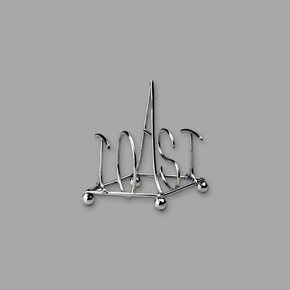 Hukin & Heath Solid Silver TOAST rack, on a plain mid-grey background.