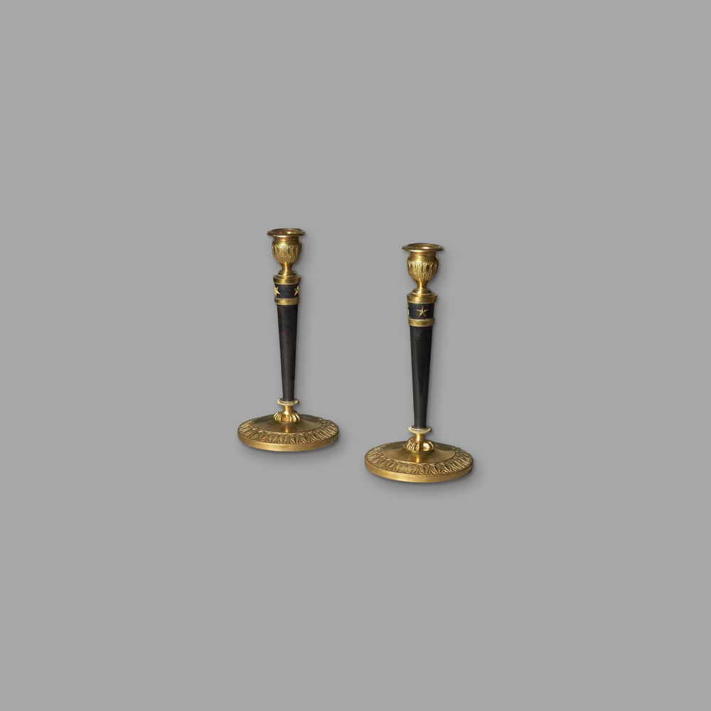 Pair of Bronze and Ormolu Candlesticks, on a plain mid-grey background.