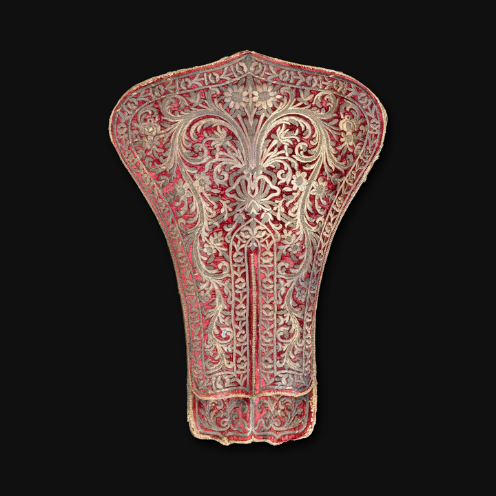 An Ottoman silver thread embroidered double Holster, on a plain black background.