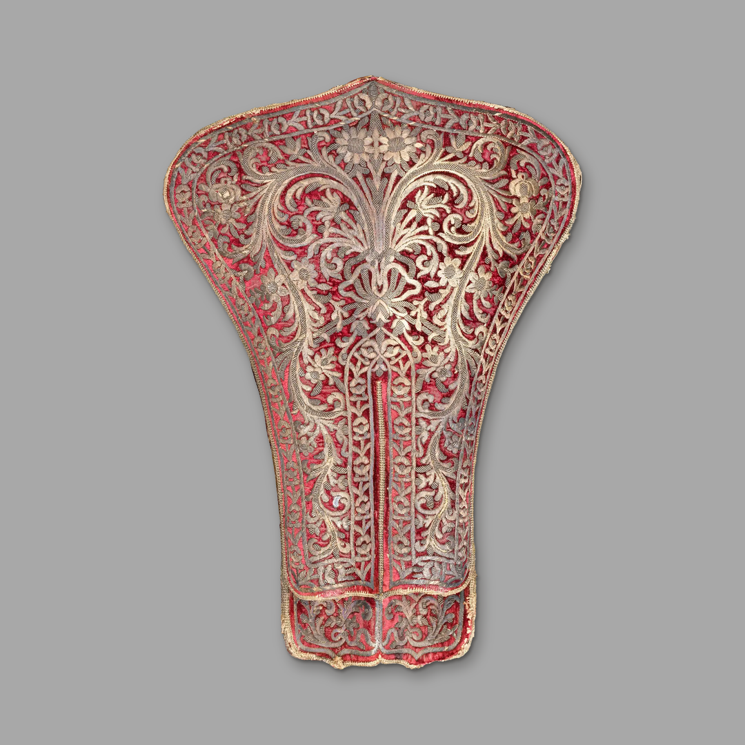 An Ottoman silver thread embroidered double Holster, on a plain mid-grey background.