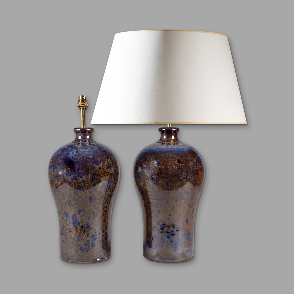 Pair of Meiping-Form Ceramic Table Lamps with Blue-Mottled Brown Glaze, on a plain mid-grey background.