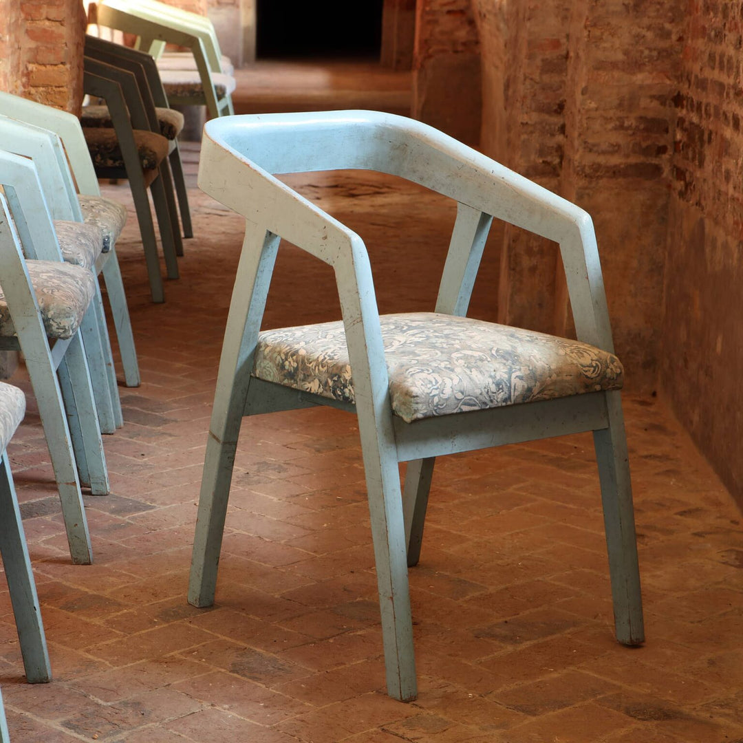 Bombay Art Deco armchair in soft blue with curved arms and patterned seat by Collection EE30 vintage set