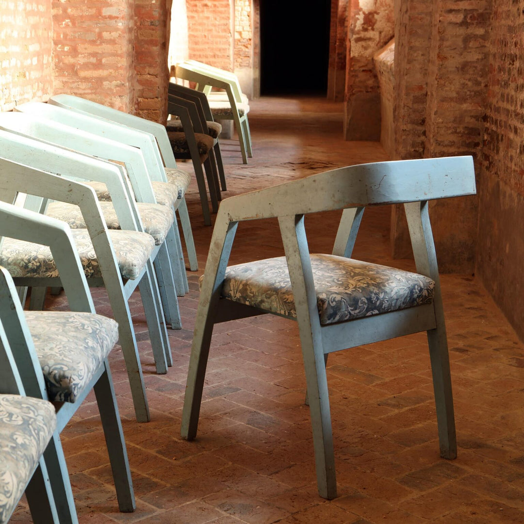 Set of twelve Bombay Art Deco armchairs with original paint and patterned seats by Collection EE30