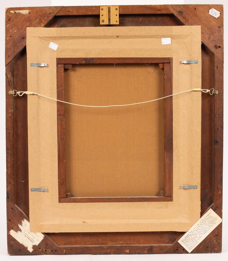 Back view of framed Charles Phillips portrait canvas with hanging wire, sold by Nwtiques